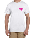 Mokulele Airlines breast cancer awareness logo on left chest t-shirt available in white, black and navy