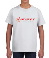 Mokulele Airlines stacked logo full chest youth t-shirt available in white, black and navy