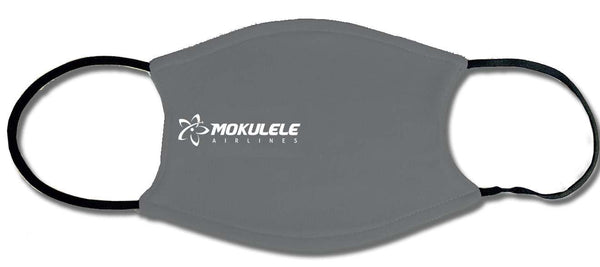 Mokulele Airlines long logo in white on a gray face mask