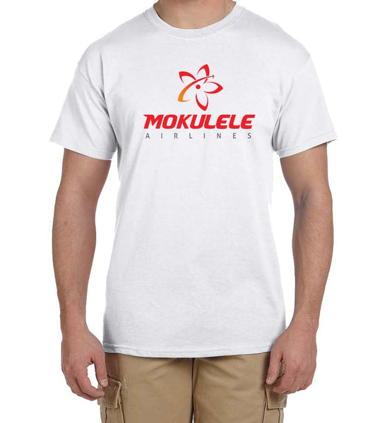 Mokulele Airlines full chest stacked logo t-shirt available in white, black and navy
