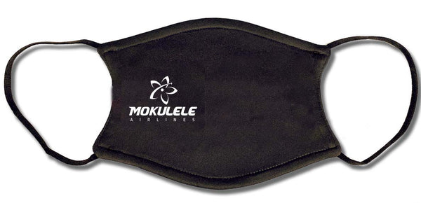 Mokulele Airlines logo stacked in white on a black face mask