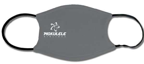 Mokulele Airlines stacked logo in white on a gray face mask