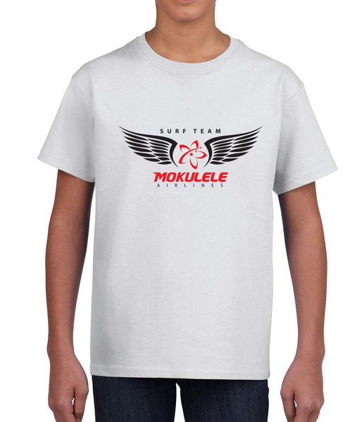 Mokulele Airlines surf team logo across front chest in white youth t-shirt