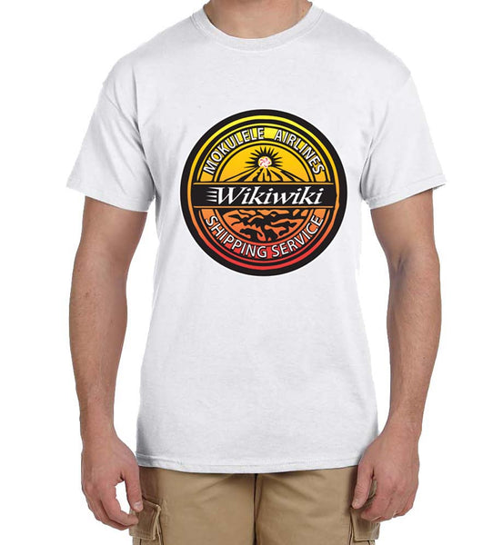 Mokulele Airlines Wikiwiki Shipping Service logo full chest t-shirt available in white, navy and black